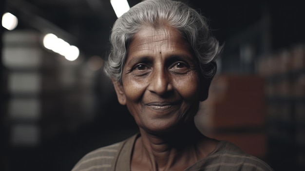 Une ouvrière indienne senior souriante debout dans un entrepôt