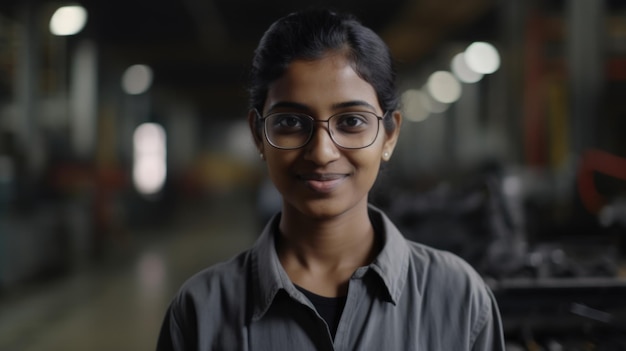 Une ouvrière indienne souriante debout dans une usine de tôles