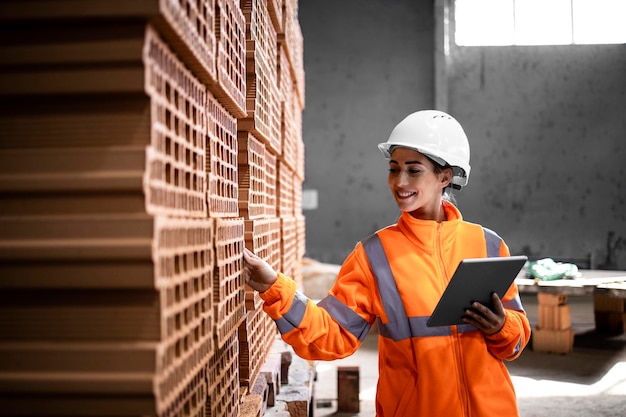 Ouvrière industrielle vérifiant la qualité des briques prêtes à être livrées sur le chantier