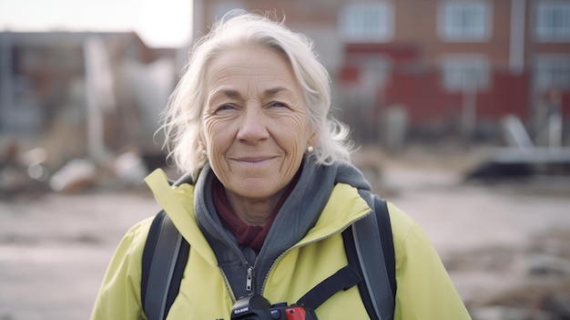 Une ouvrière suédoise senior souriante debout sur un chantier de construction