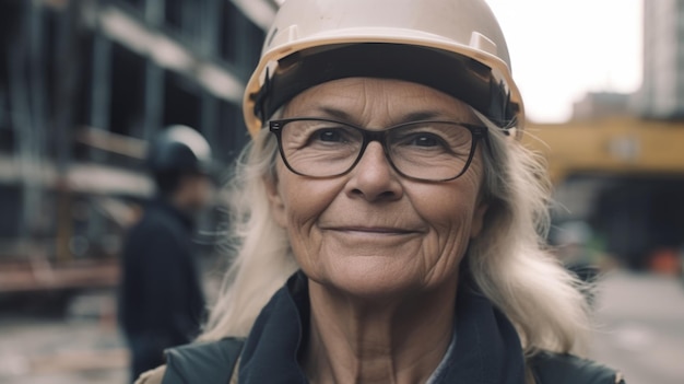 Une ouvrière suédoise senior souriante debout sur un chantier de construction