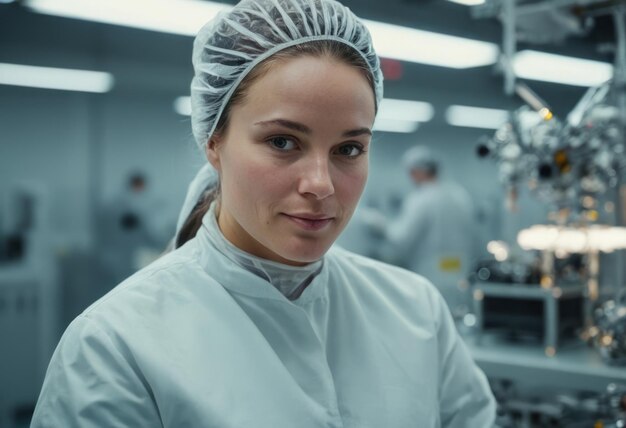 Une ouvrière supervise la production alimentaire. Elle est attentive et professionnelle dans une usine propre.