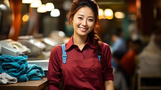 Une ouvrière d'usine asiatique sourit à la caméra.