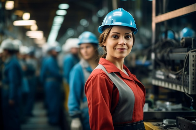 Photo ouvrière d'usine avec casque de sécurité ai générative