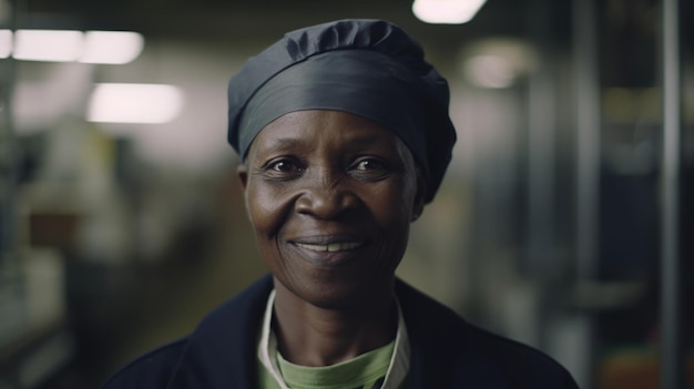 Une ouvrière d'usine électronique africaine senior souriante debout dans l'usine