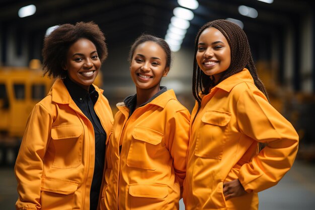 Des ouvrières d'usine noires habilitées souriant dans des uniformes orange