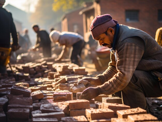 les ouvriers de la construction avec la construction de la maison avec des briques faites avec l'IA