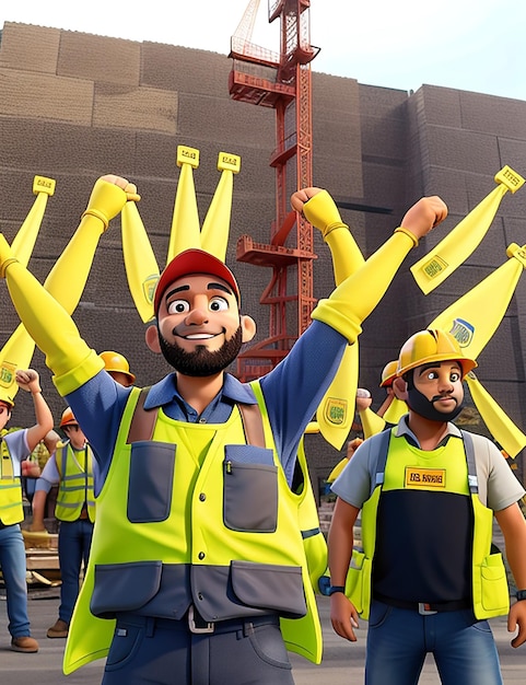 Les ouvriers de la construction en gilets jaunes et gilets lèvent les mains en l'air