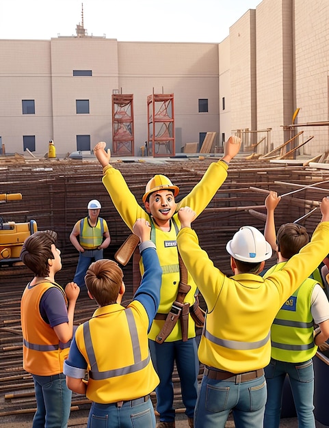 Photo les ouvriers de la construction en gilets jaunes et gilets lèvent les mains en l'air