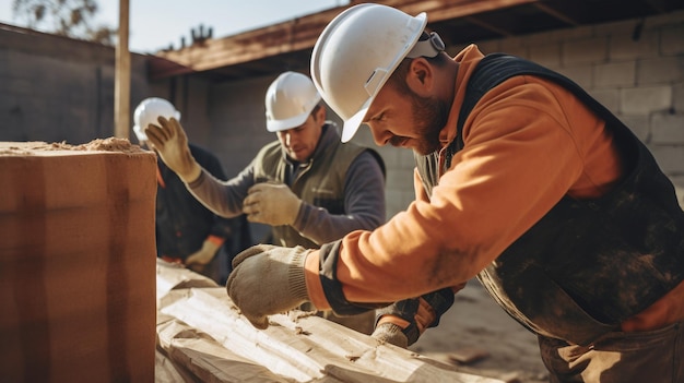 Des ouvriers de la construction de sexe masculin blancs portant des gants tiennent des matériaux de construction Generative AI