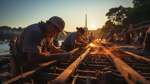 ouvriers de la construction le soir sur fond de coucher de soleil