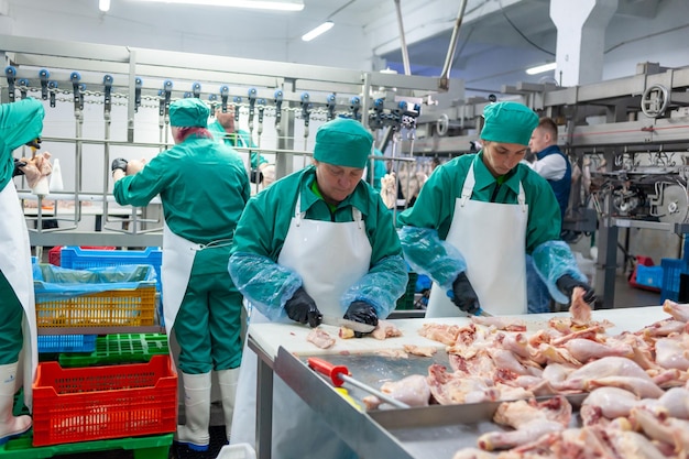 Ouvriers dans une usine avec une grande quantité de viande sur la table