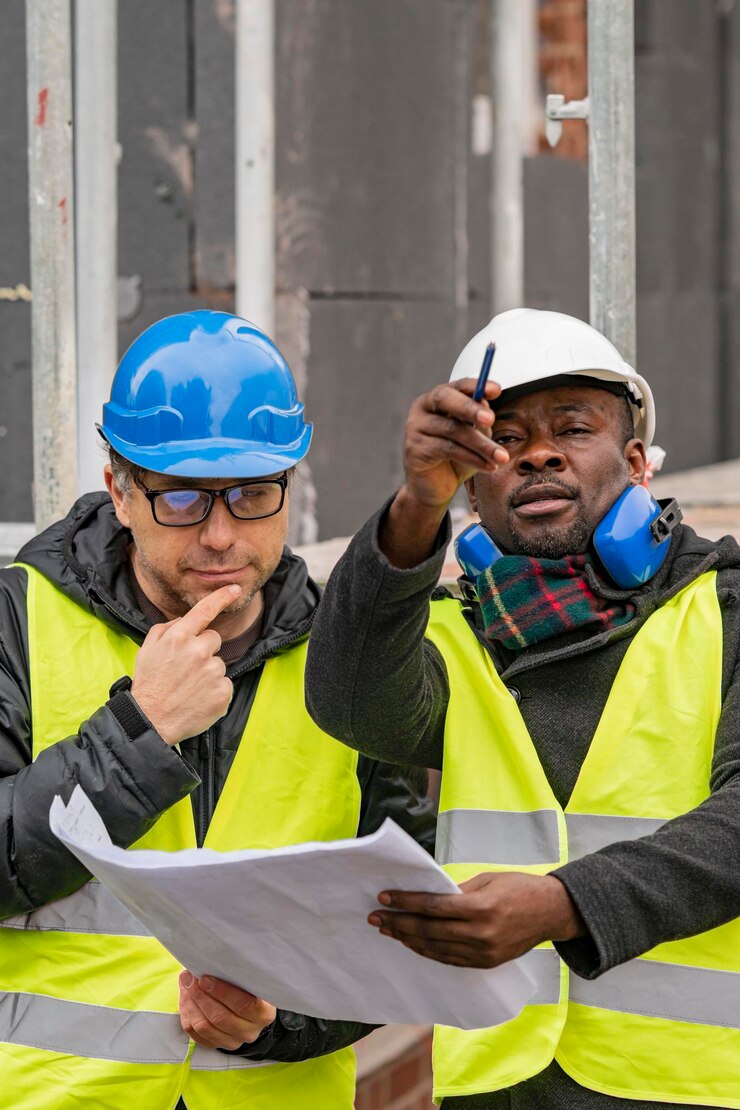 Photo des ouvriers discutent du plan sur le chantier.