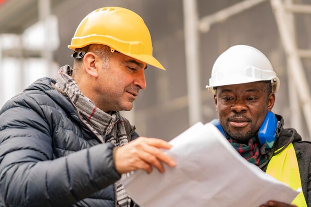 Photo des ouvriers discutent du plan sur le chantier.