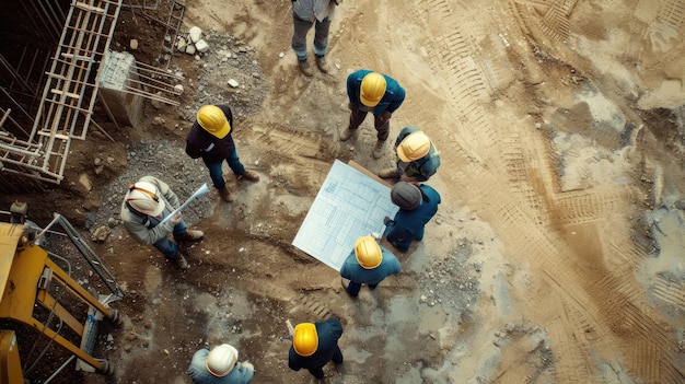 Des ouvriers du bâtiment analysent le plan sur le chantier AIG41