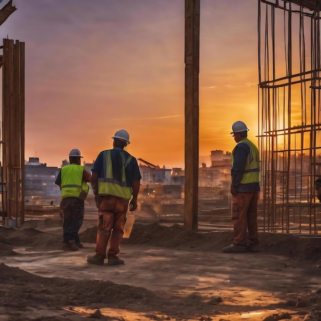 Des ouvriers du bâtiment au coucher du soleil