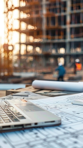 Des ouvriers du bâtiment derrière des plans et un ordinateur portable sur le chantier