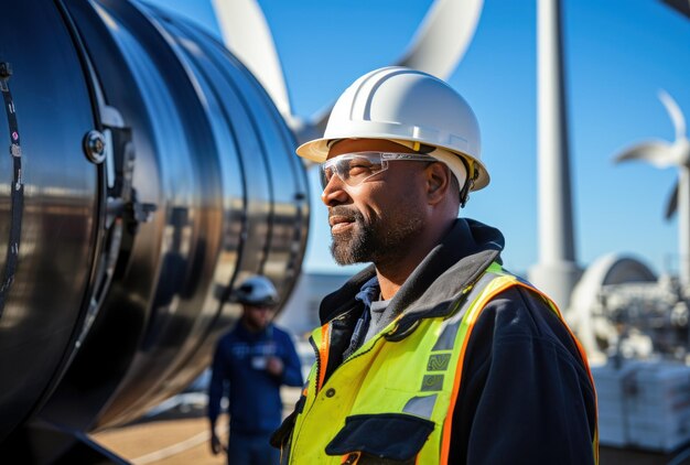 Ouvriers du bâtiment devant des éoliennes