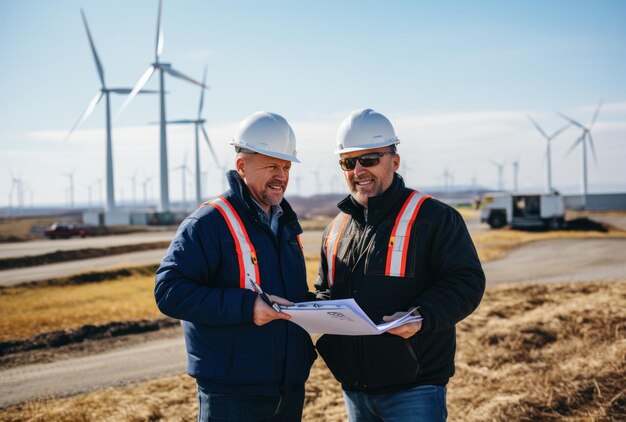 Ouvriers du bâtiment devant des éoliennes