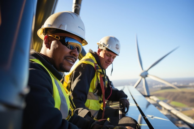 Ouvriers du bâtiment devant des éoliennes