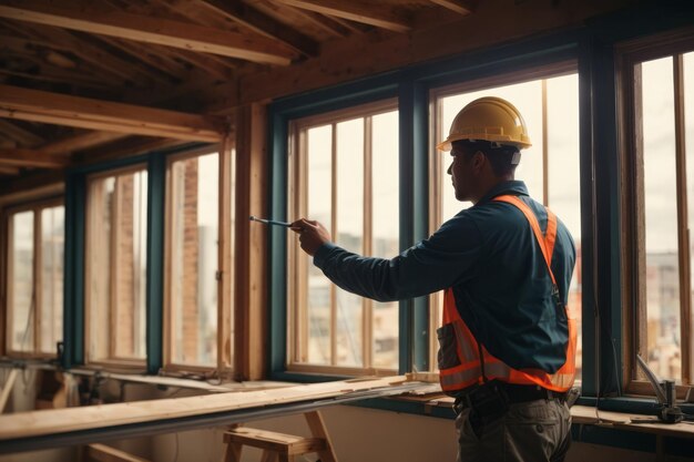 Les ouvriers du bâtiment installent de nouvelles fenêtres à la maison à l'aide d'équipements de sécurité