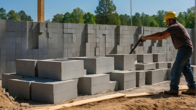 Photo des ouvriers du bâtiment posent des blocs de construction