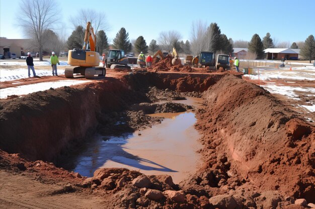 Les ouvriers du chantier et l'équipement versent du béton pour créer des fondations solides