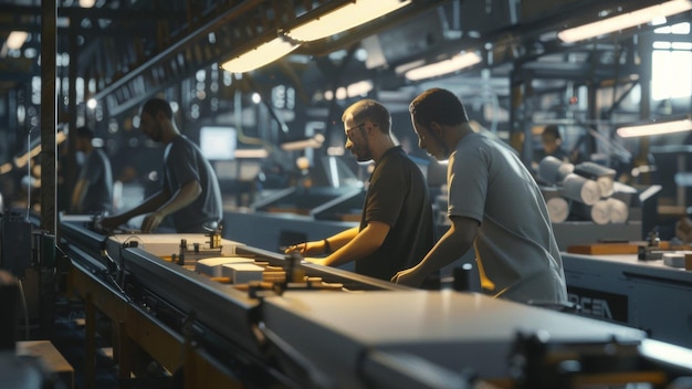 Des ouvriers effectuent des tâches de fabrication précises dans un atelier industriel très fréquenté.