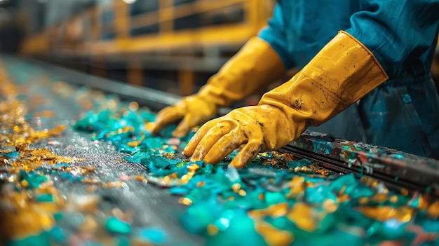 Des ouvriers avec des granulats de plastique sur un convoyeur dans une usine de recyclage