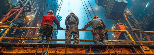 Des ouvriers de l'industrie sidérurgique fixent de l'acier à une grue