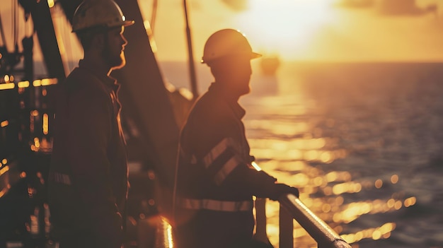 Photo des ouvriers industriels caucasiens dans la station pétrolière en mer au coucher du soleil