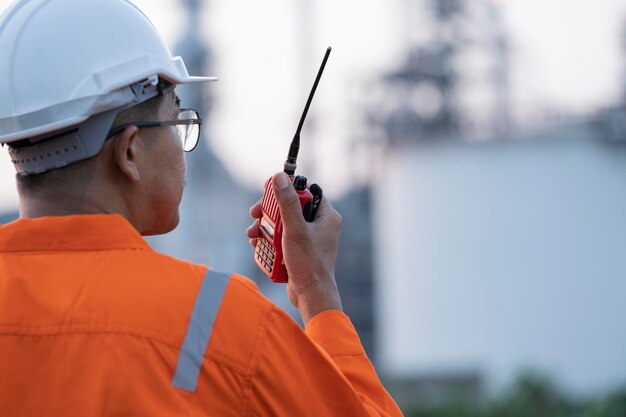 Ouvriers ingénieurs masculins sur talkie-walkie à l'extérieur de la raffinerie