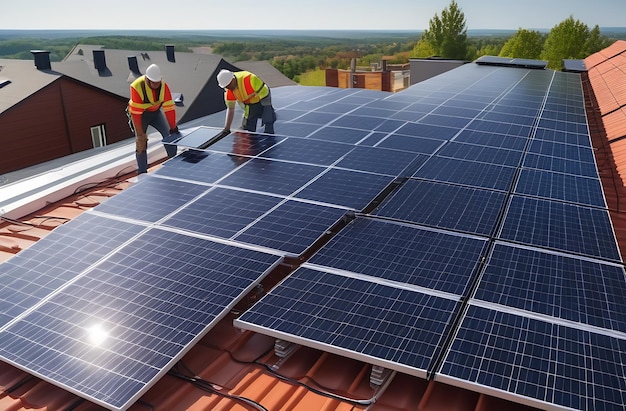 Des ouvriers installent des panneaux solaires sur le toit.