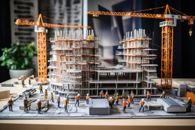 Des ouvriers miniatures collaborent sur des plans de modèles architecturaux et des documents bleus