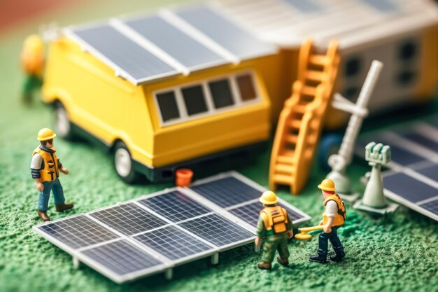 Photo des ouvriers miniatures près des panneaux solaires