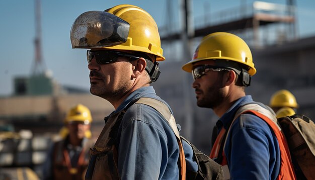 Des ouvriers portant des casques sur le chantier