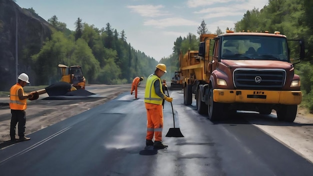 Des ouvriers posent un nouveau revêtement d'asphalte sur la route