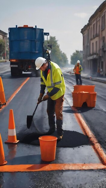 Des ouvriers posent un nouveau revêtement d'asphalte sur la route