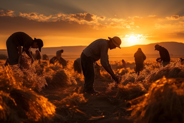 des ouvriers récoltent le blé au coucher du soleil