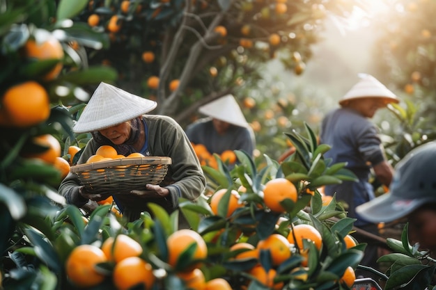 Des ouvriers récoltent des mandarines dans le jardin.