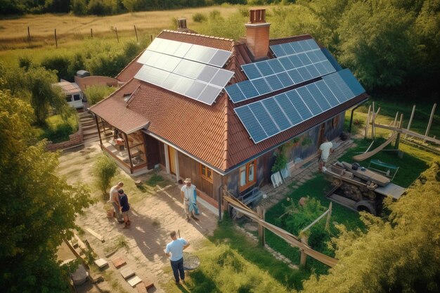 Photo des ouvriers spécialisés installent des panneaux solaires de technologies modernes dans une maison privée