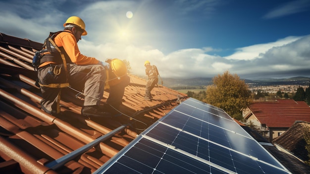 Des ouvriers sur le toit d'une maison installent des plaques solaires