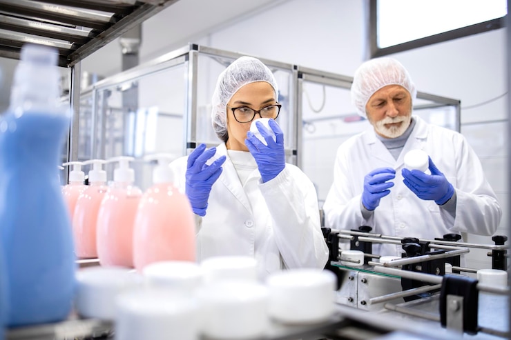 Ouvriers d'usine de cosmétiques vérifiant l'odeur et la qualité des nouveaux produits de soins corporels