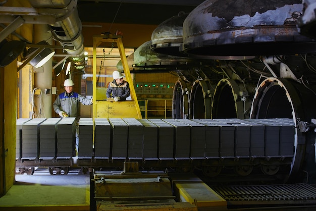 Les Ouvriers De L'usine Ont Déchargé Le Chariot Avec Des Briques Du Four