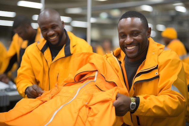 Des ouvriers d'usine d'origine afro-américaine heureux en uniforme orange