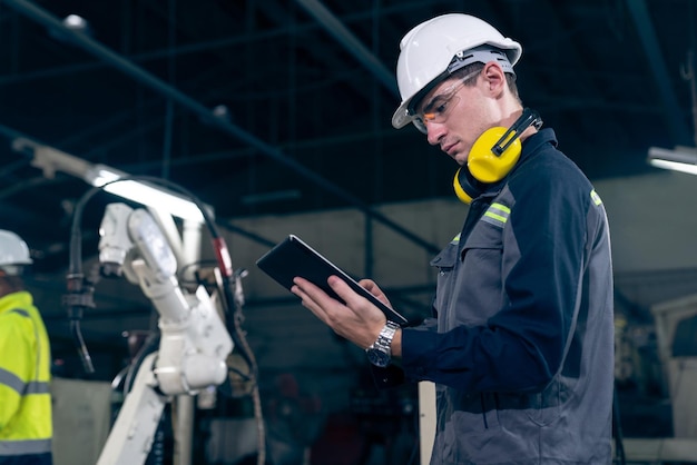 Ouvriers d'usine travaillant avec un bras robotique adepte dans un atelier