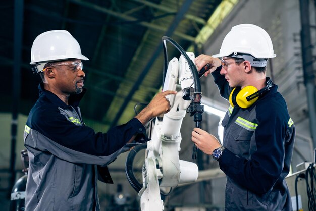 Ouvriers d'usine travaillant avec un bras robotique adepte dans un atelier