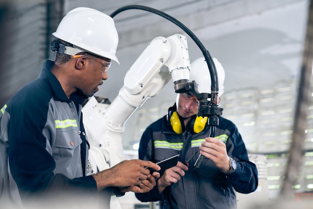 Ouvriers d'usine travaillant avec un bras robotique adepte dans un atelier