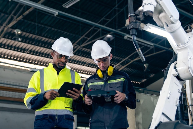 Ouvriers d'usine travaillant avec un bras robotique adepte dans un atelier