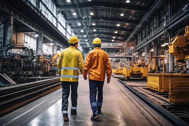 ouvriers d'usine en vêtements de travail et casques jaunes marchant dans la salle de production industrielle